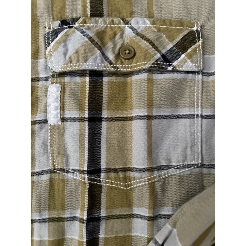 Columbia Long Sleeve Button Up Shirt Plaid Logo Pockets Brown White Large JBHS - Picture 3 of 11